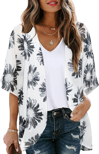 Womens Floral Kimono Cardigan Chiffon Beach Coverups Sheer Swimsuit Cover Up Casual Summer Tops