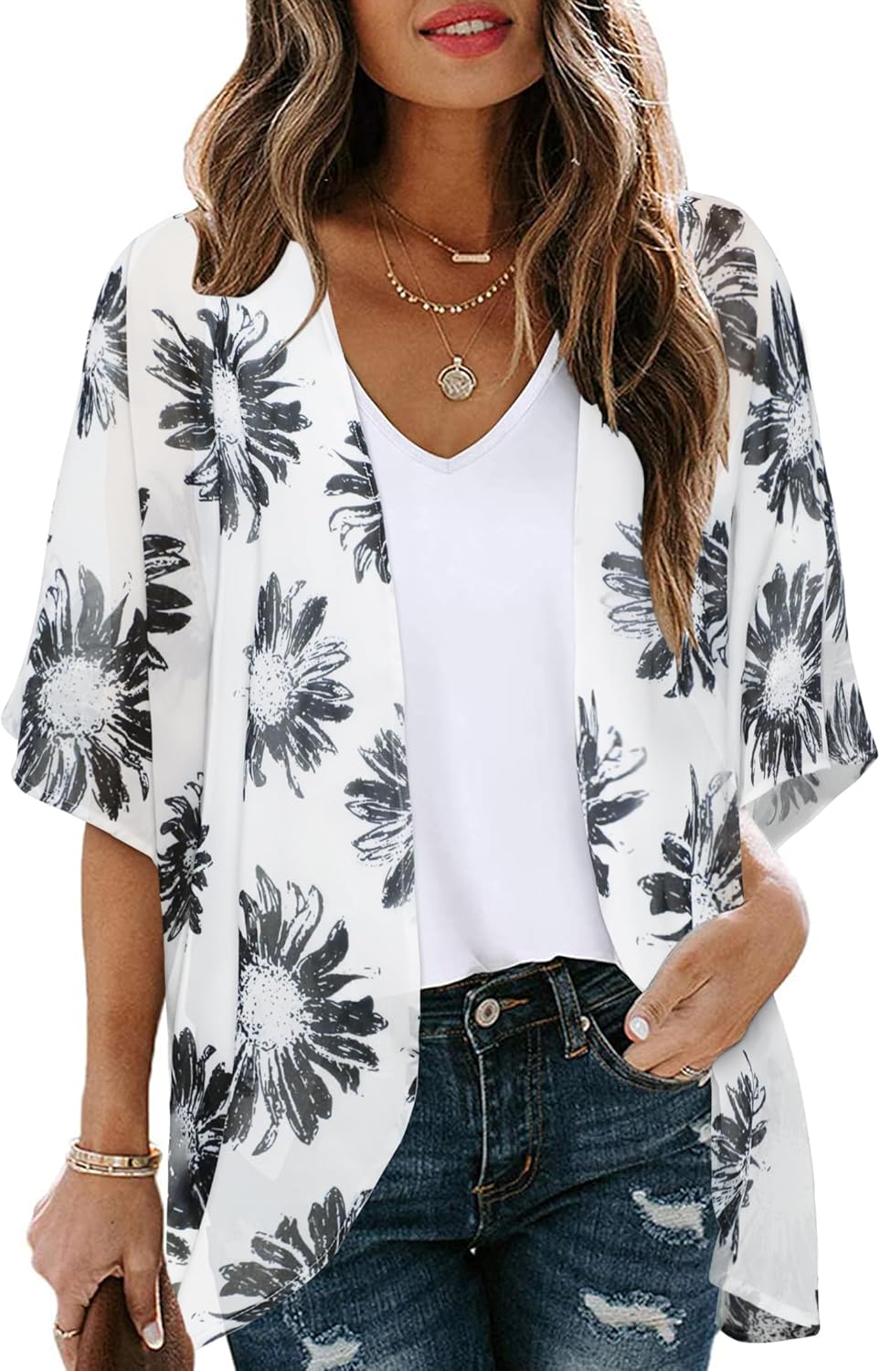 Womens Floral Kimono Cardigan Chiffon Beach Coverups Sheer Swimsuit Cover Up Casual Summer Tops