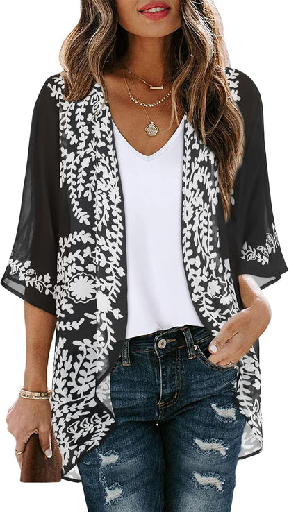 Womens Floral Kimono Cardigan Chiffon Beach Coverups Sheer Swimsuit Cover Up Casual Summer Tops