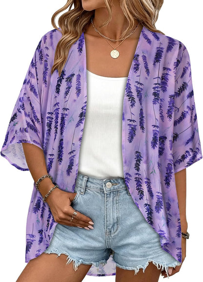 Womens Floral Kimono Cardigan Chiffon Beach Coverups Sheer Swimsuit Cover Up Casual Summer Tops