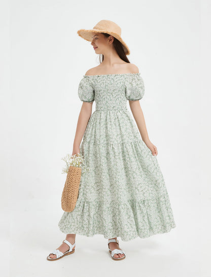 EXARUS Girls Maxi Long Smocked Dress Tween Swiss Dots Summer Square Neck Short Sleeve Casual A-line Dresses for 6-12Y | Tween A-Line Dresses Vacation Beach Sundress Beach Dance Casual Homecoming Party 6-14Y