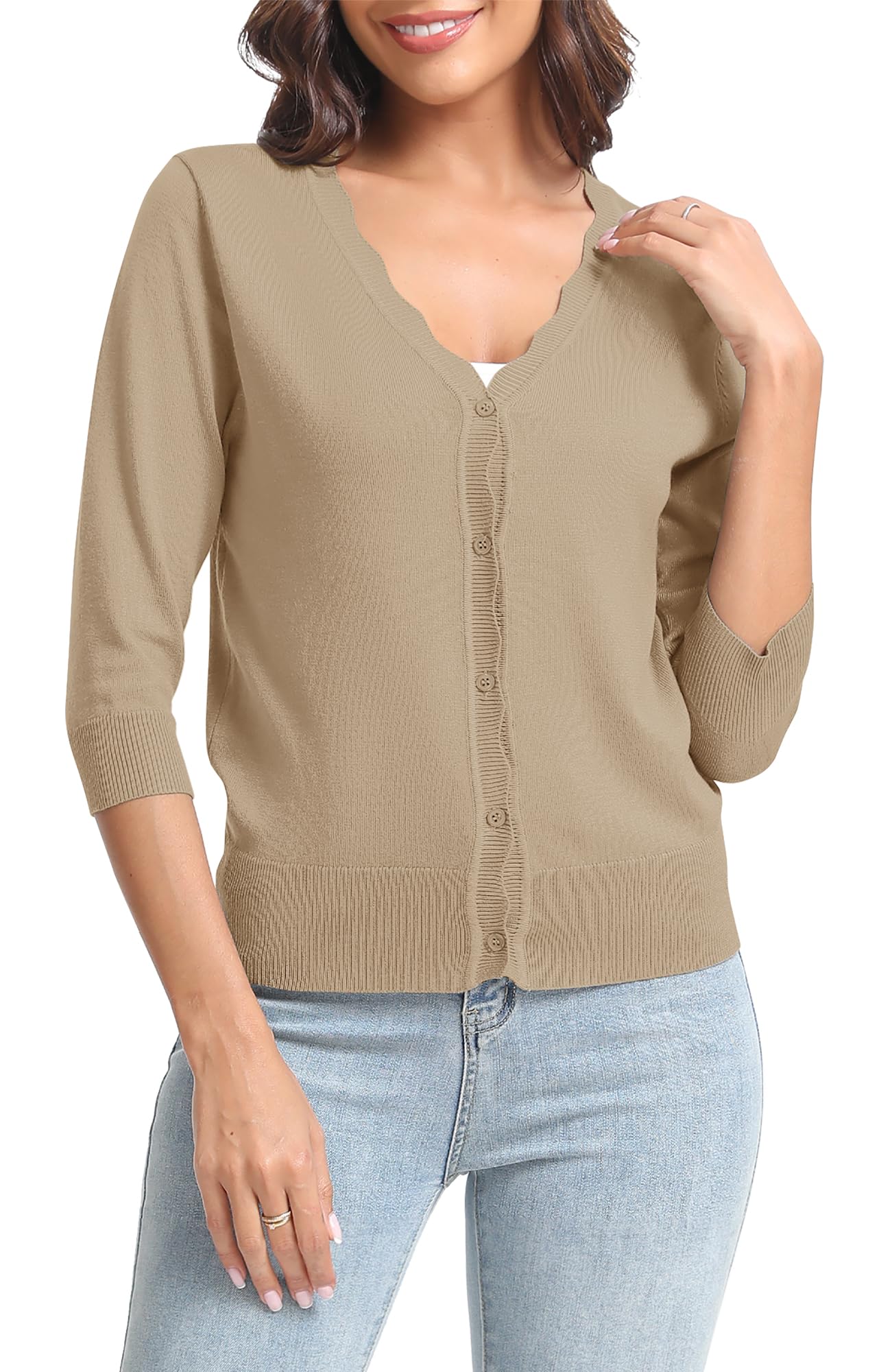 Urban CoCo Woman's 3/4 Sleeve Solid V-Neck Cardigan Sweater for Dress Lightweight Knit Shrugs