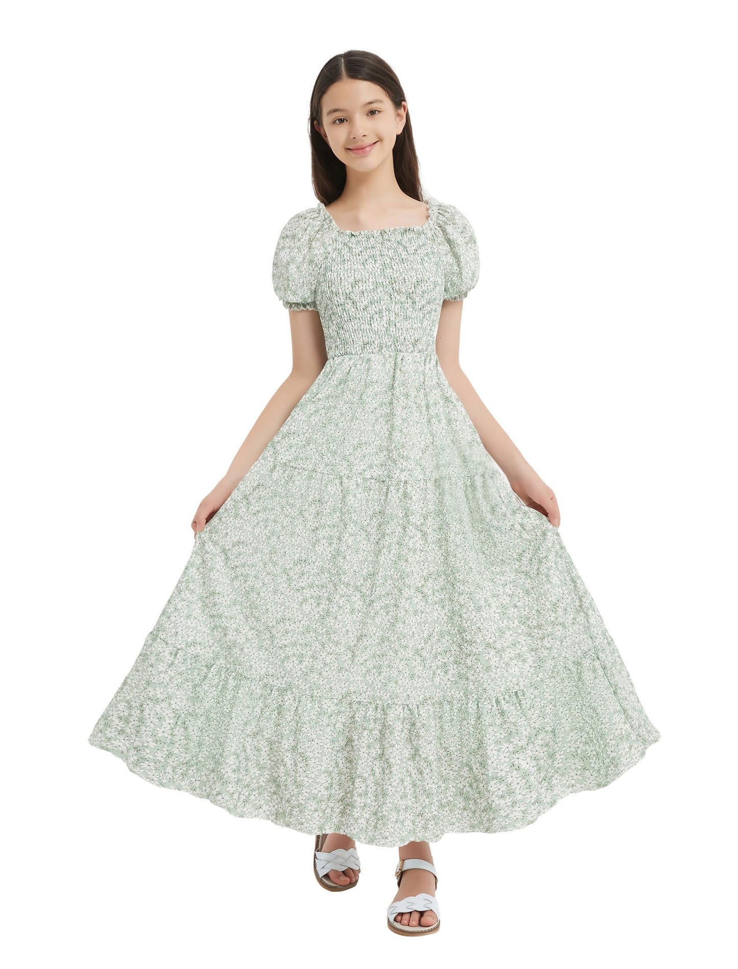 EXARUS Girls Maxi Long Smocked Dress Tween Swiss Dots Summer Square Neck Short Sleeve Casual A-line Dresses for 6-12Y | Tween A-Line Dresses Vacation Beach Sundress Beach Dance Casual Homecoming Party 6-14Y