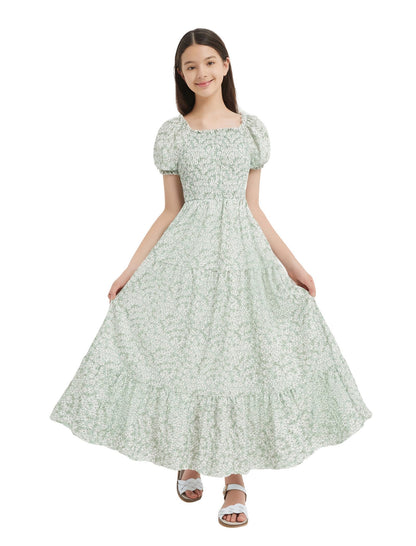 EXARUS Girls Maxi Long Smocked Dress Tween Swiss Dots Summer Square Neck Short Sleeve Casual A-line Dresses for 6-12Y | Tween A-Line Dresses Vacation Beach Sundress Beach Dance Casual Homecoming Party 6-14Y