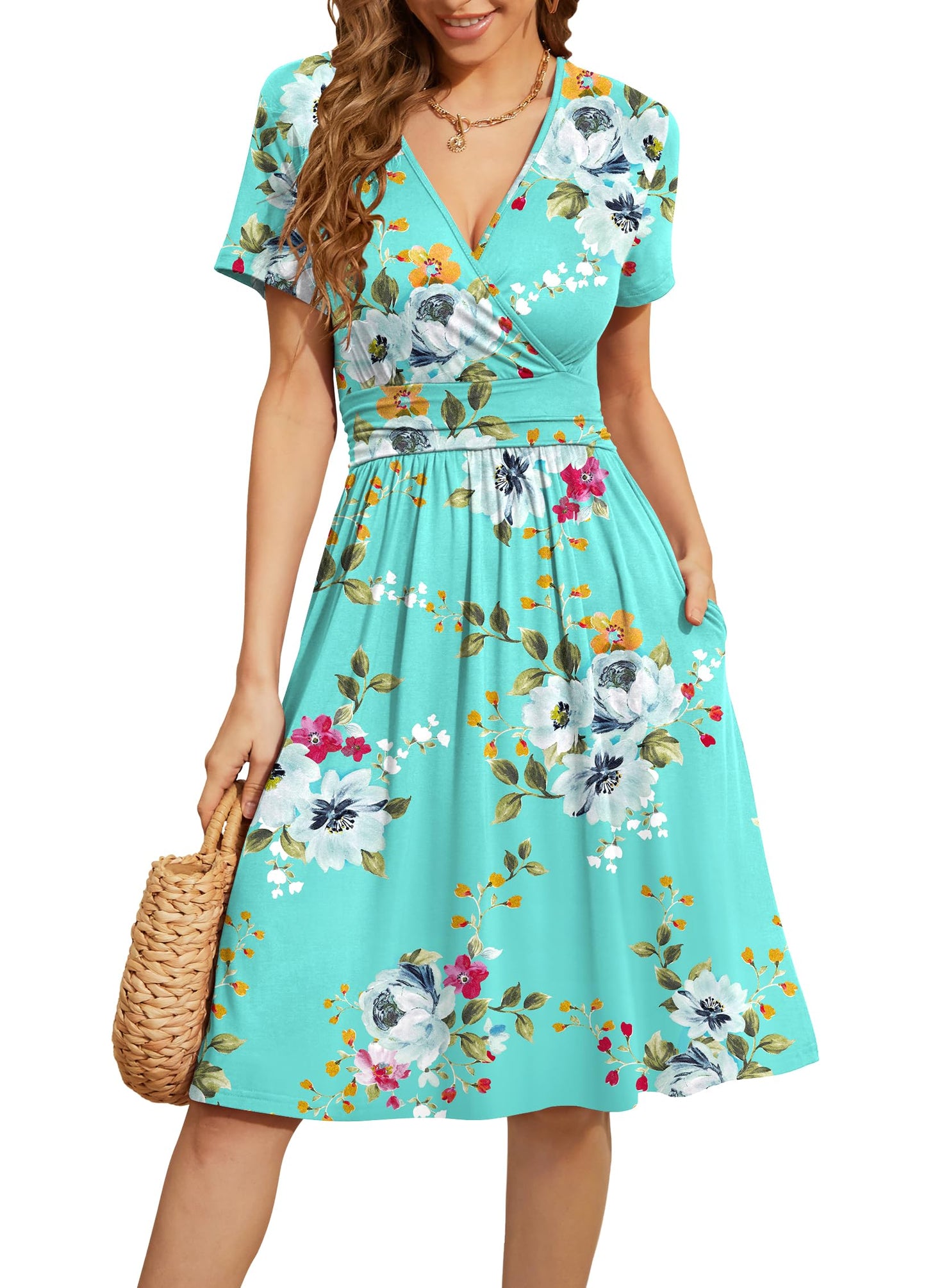 WEACZZY Women's Summer Short Sleeve Casual Dresses V-Neck Floral Party Dress with Pockets