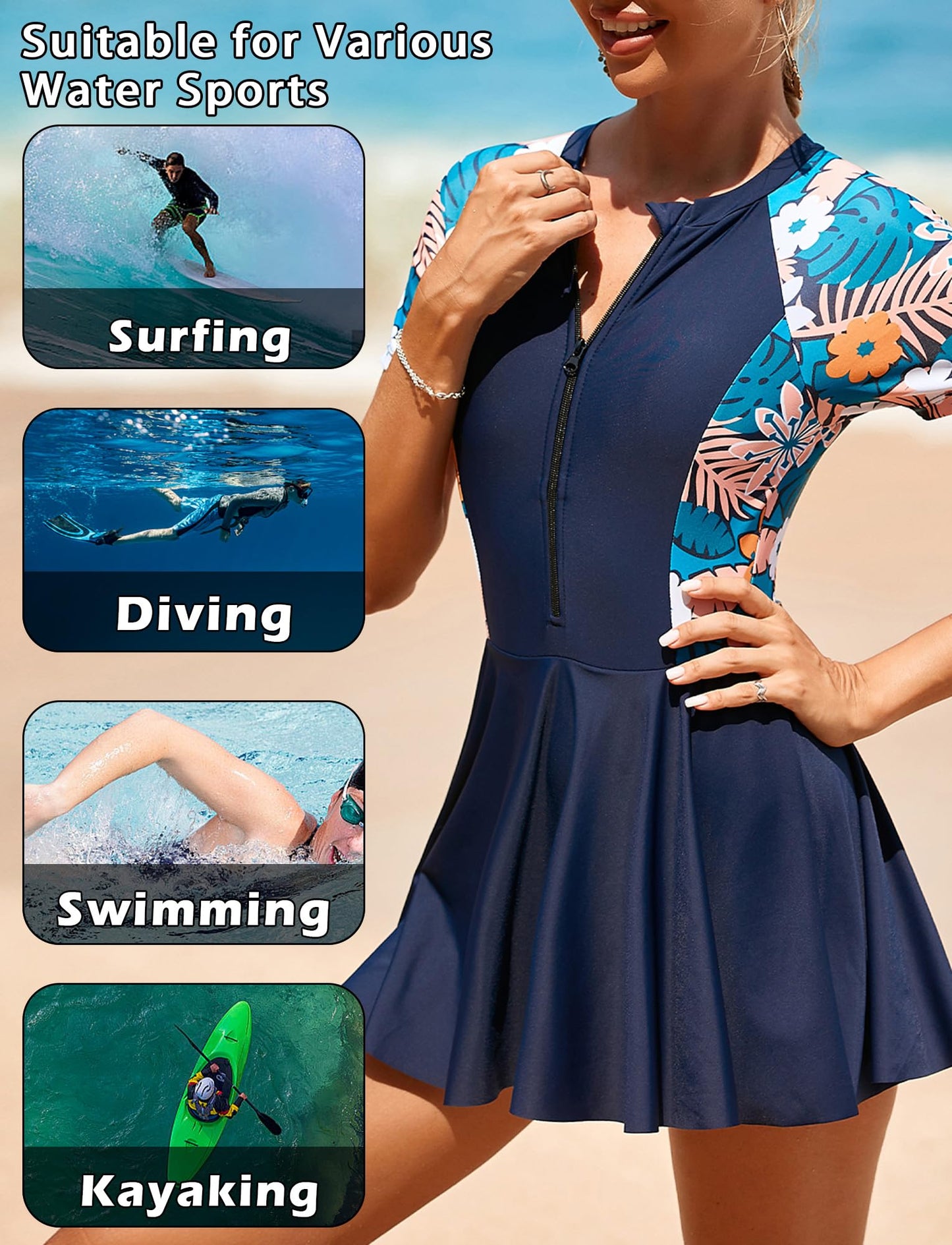 FEOYA Women's Short Sleeve Swimsuits Swim Dress 50+ UPF Rash Guard Modest One Piece Swimwear with Skirt Bathing Suit