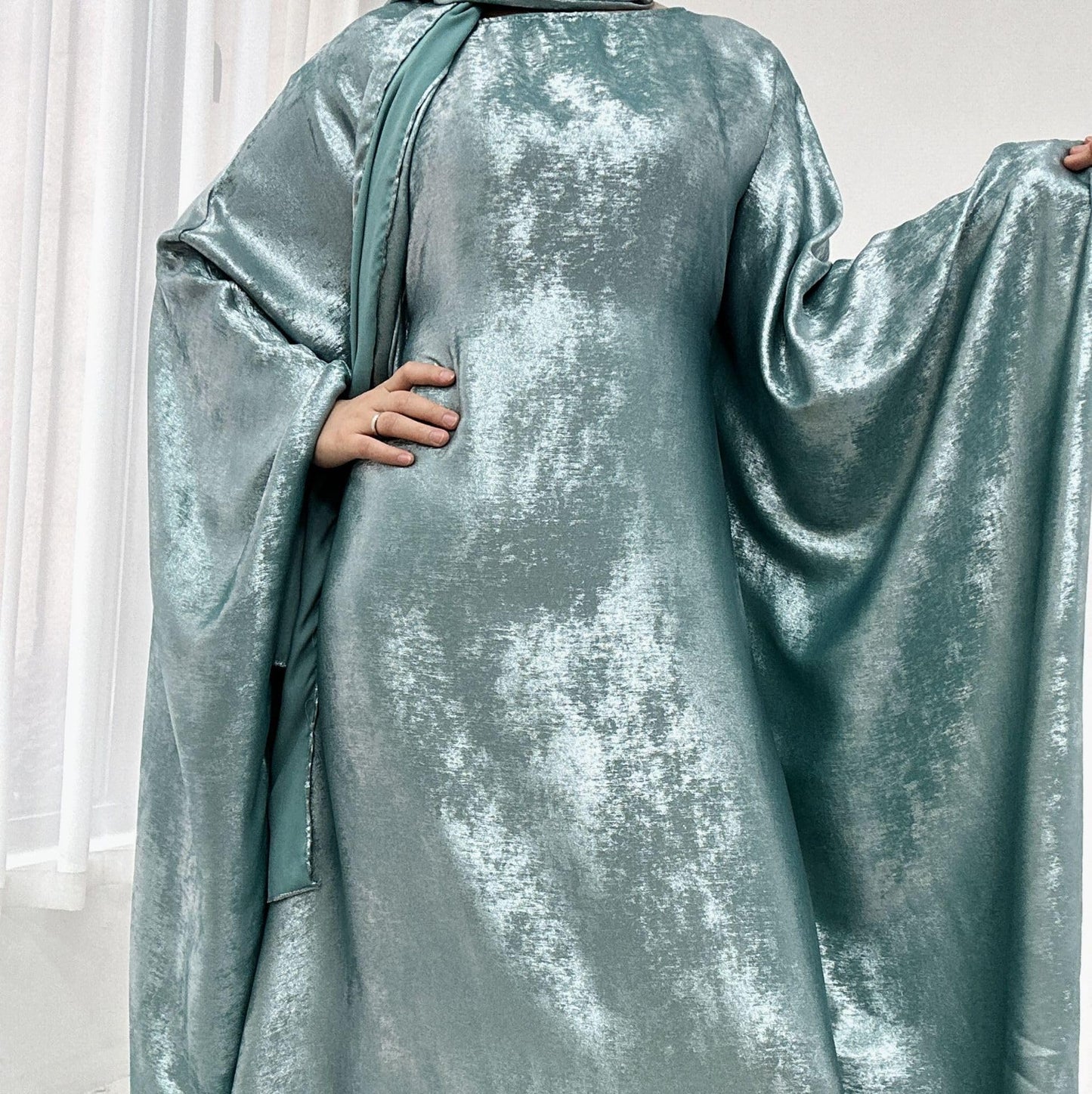 Women Prayer Abaya Dubai Bat Sleeve Dress Islamic Printed Long Robe with Belt