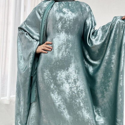 Women Prayer Abaya Dubai Bat Sleeve Dress Islamic Printed Long Robe with Belt