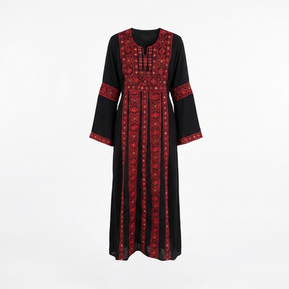 Palestinian Thobe Traditional Dress | Black with Red Tatreez Embroidery for Adults