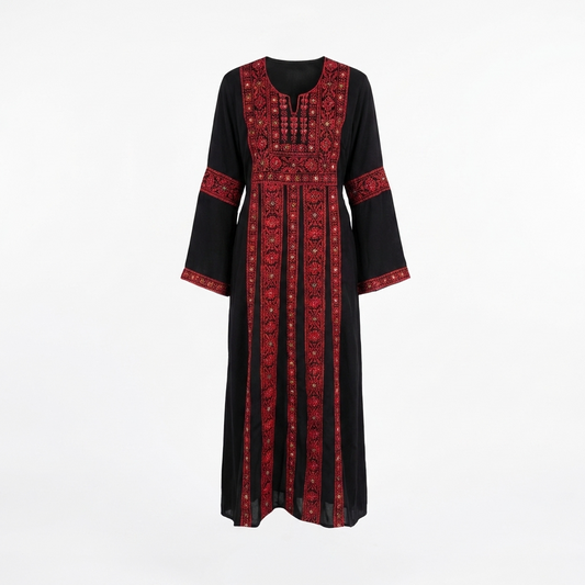 Kids Palestinian Thobe Traditional Dress | Black with Red Tatreez Embroidery – Sizes Toddler to Youth