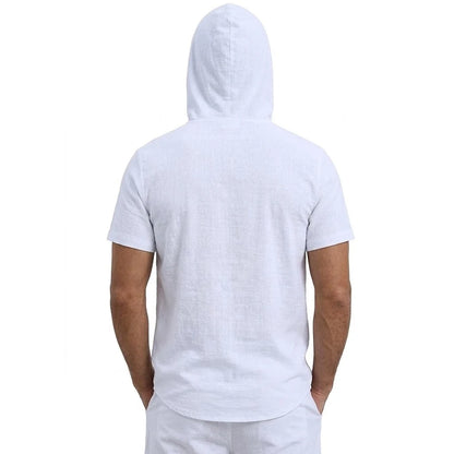 Summer Mens Linen Hooded Shirts for Men Lightweight Short Sleeve Casual T-Shirts Button Cotton Hoodie Hawaiian T Shirts for Men