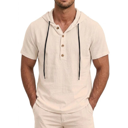 Summer Mens Linen Hooded Shirts for Men Lightweight Short Sleeve Casual T-Shirts Button Cotton Hoodie Hawaiian T Shirts for Men