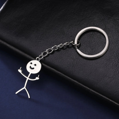 Dreamtimes Funny Doodle Key Chain Graffiti Stainless Steel Middle Finger Stickman Men Pendant Key Rings Jewelry Couples Hip-hop