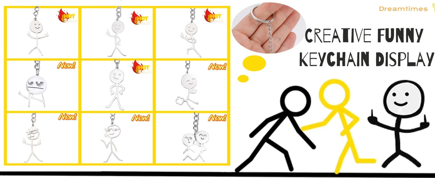 Dreamtimes Funny Doodle Key Chain Graffiti Stainless Steel Middle Finger Stickman Men Pendant Key Rings Jewelry Couples Hip-hop