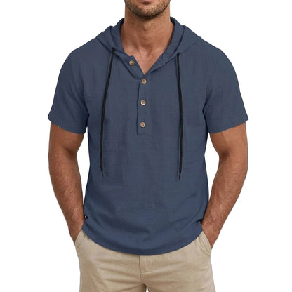 Summer Mens Linen Hooded Shirts for Men Lightweight Short Sleeve Casual T-Shirts Button Cotton Hoodie Hawaiian T Shirts for Men