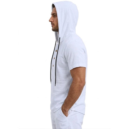 Summer Mens Linen Hooded Shirts for Men Lightweight Short Sleeve Casual T-Shirts Button Cotton Hoodie Hawaiian T Shirts for Men