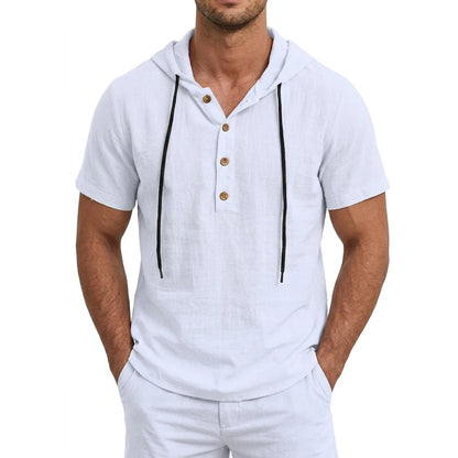 Summer Mens Linen Hooded Shirts for Men Lightweight Short Sleeve Casual T-Shirts Button Cotton Hoodie Hawaiian T Shirts for Men