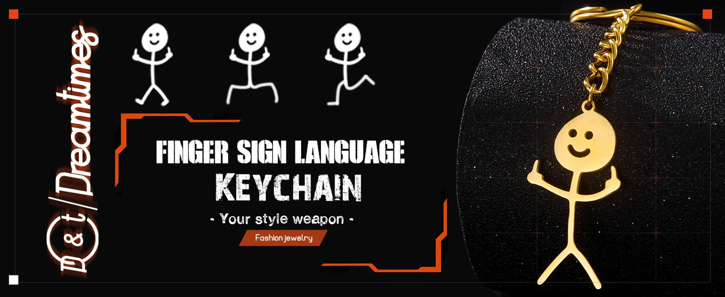 Dreamtimes Funny Doodle Key Chain Graffiti Stainless Steel Middle Finger Stickman Men Pendant Key Rings Jewelry Couples Hip-hop