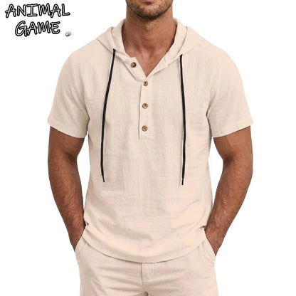 Summer Mens Linen Hooded Shirts for Men Lightweight Short Sleeve Casual T-Shirts Button Cotton Hoodie Hawaiian T Shirts for Men